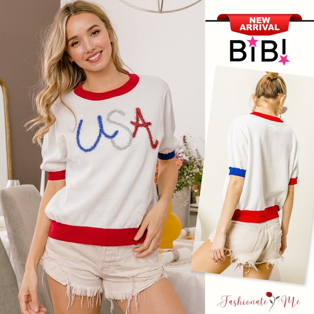BiBi USA Metallic Letter Short Sleeves Round Neck Color Block Knit Top | White
